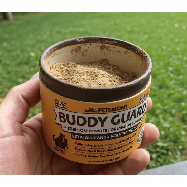 A close-up, hand-held shot of a Mushroom Powder supplement container, focusing on the texture of the product and its clear health-benefit labeling.